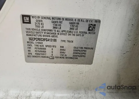 2015 Chevrolet Silverado C1500 Lt из США, поврежденный, VIN 3GCPCREC8FG413186